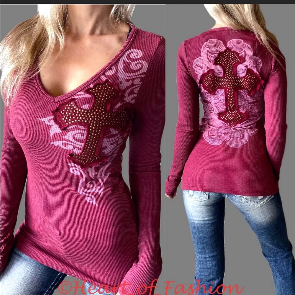 VOCAL Women's Embellished Cross Waffle Knit Long Sleeve Thermal Biker Top